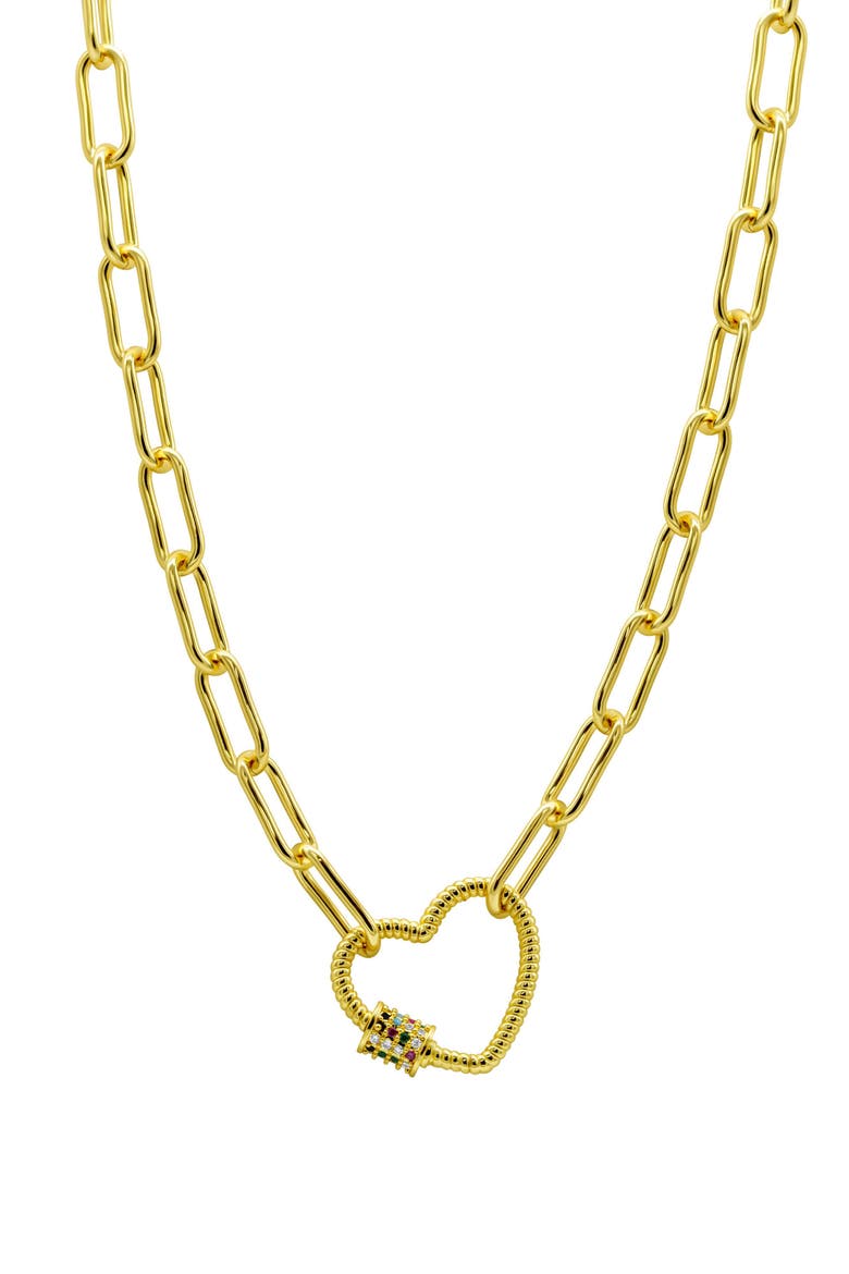 Crystal Heart Pendant Paper Clip Chain Necklace, Main, color, GOLD MULTI