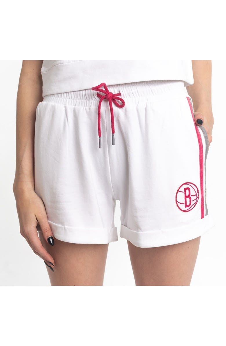 LUSSO Women's Lusso White/Pink Brooklyn Nets Melody Cuffed Tri-Blend Shorts, Alternate, color, White