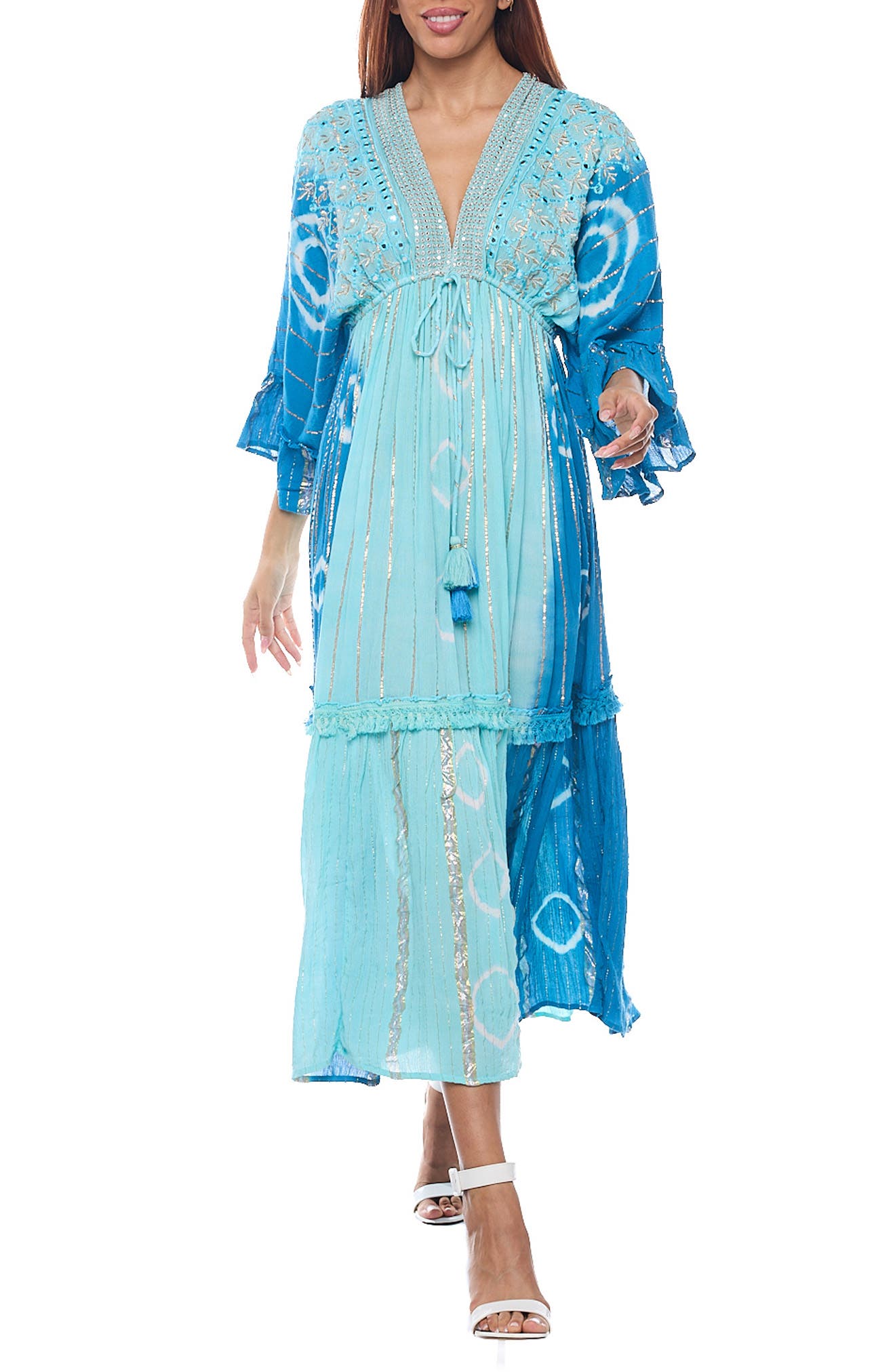 RANEES Plunge Bell Sleeve Maxi Dress