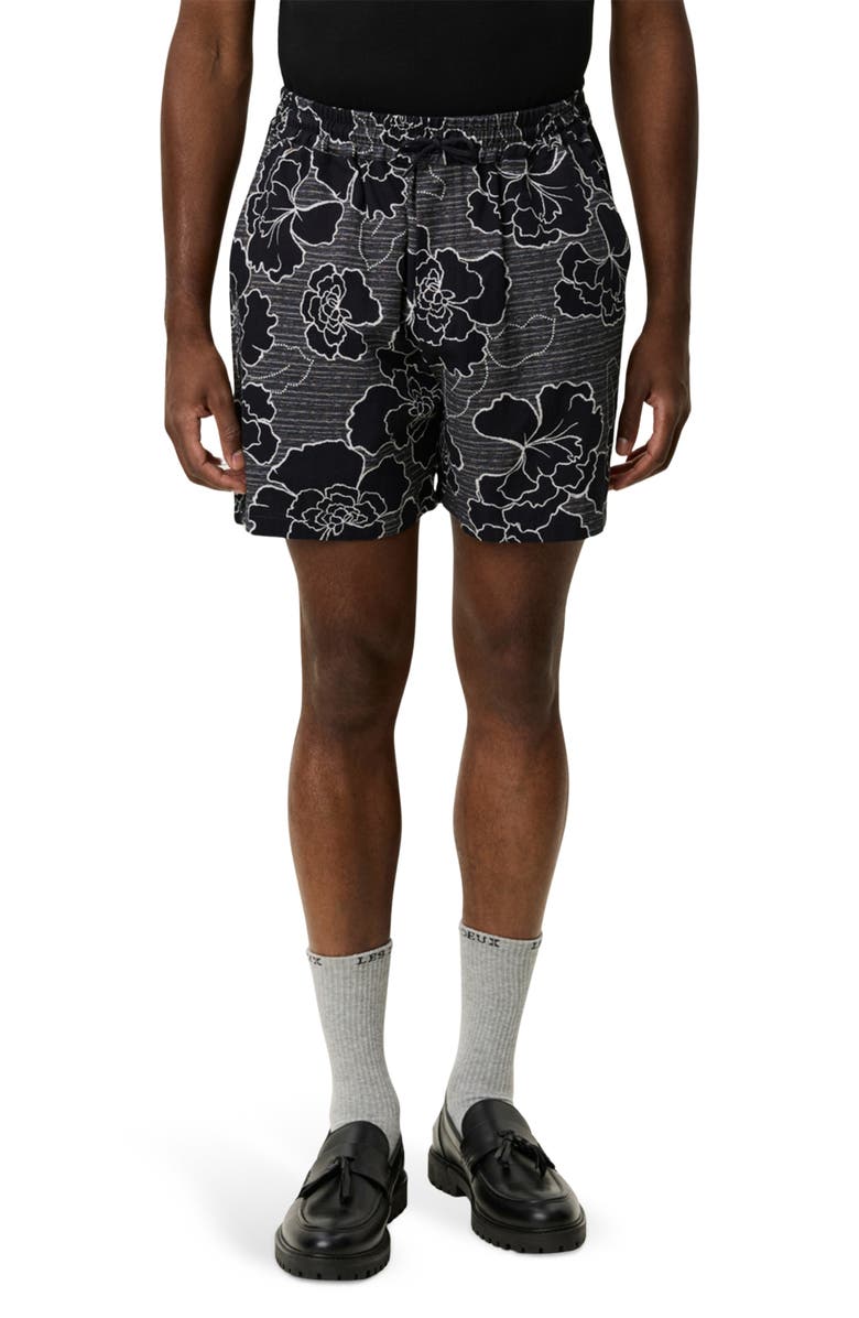 Les Deux Charlie Poppy Pattern Knit Cotton Blend Drawstring Shorts, Main, color, Black