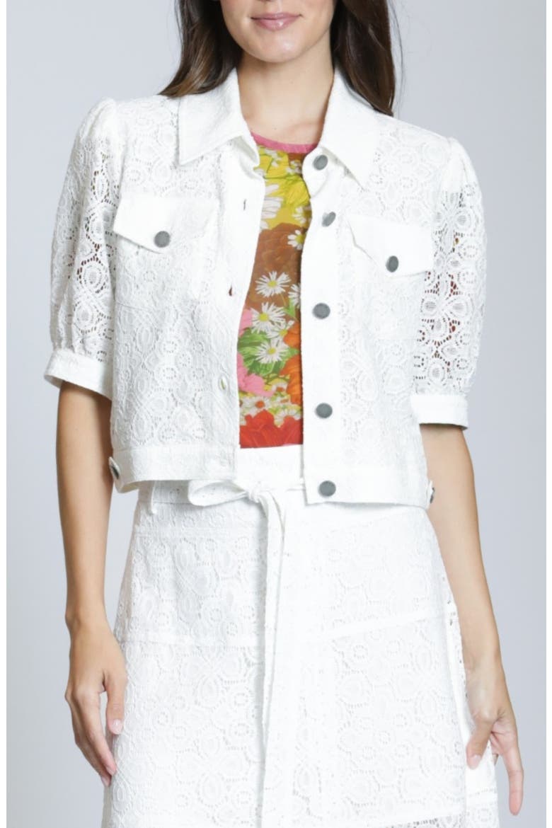 Elbow Sleeve Lace Trucker Jacket, Main, color, WHITE
