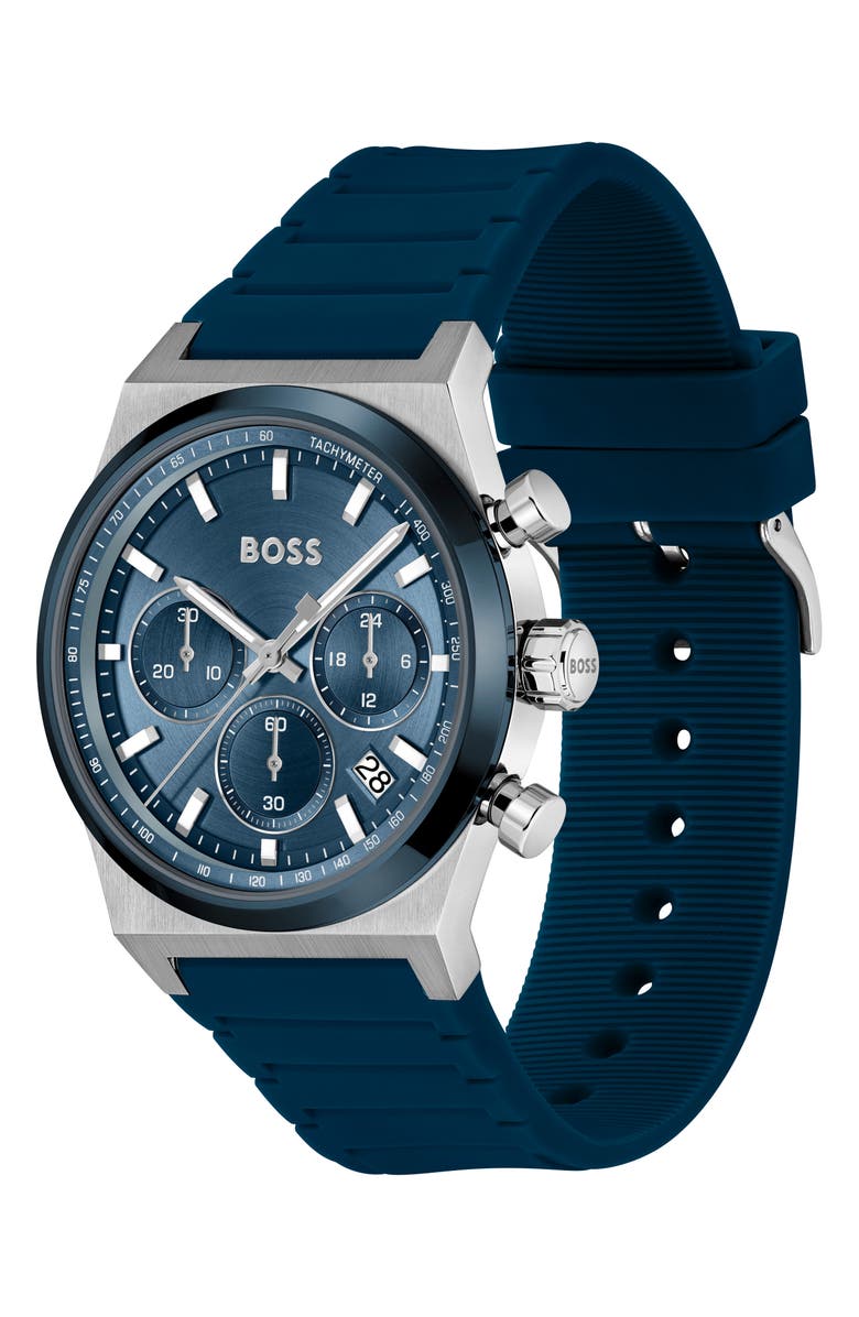 BOSS Candor Chronograph Silicone Strap Watch, 41mm, Alternate, color, Blue