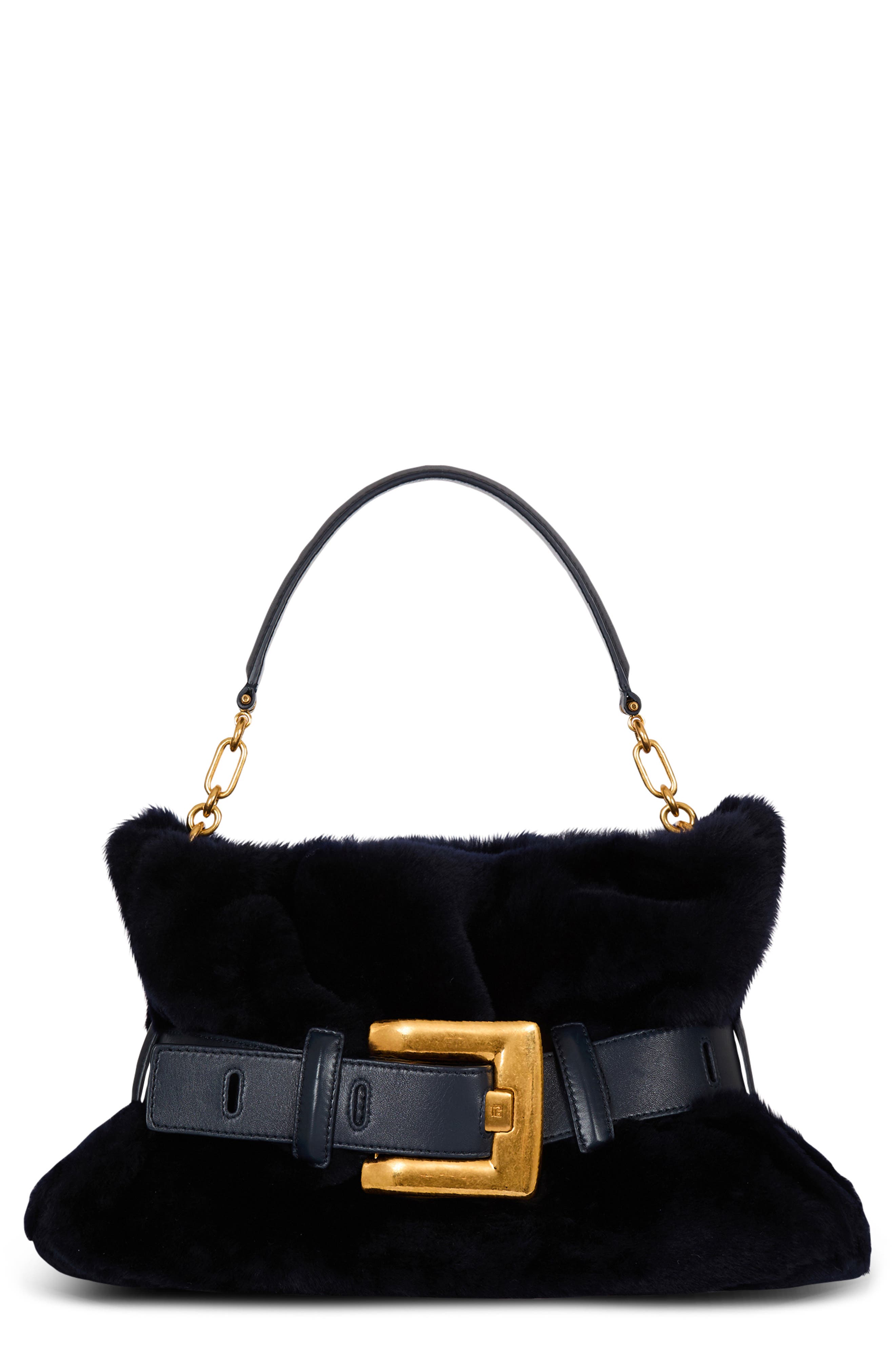 Balmain Medium Anthem Genuine Shearling Shoulder Bag, Main, color, 0Cw Raven