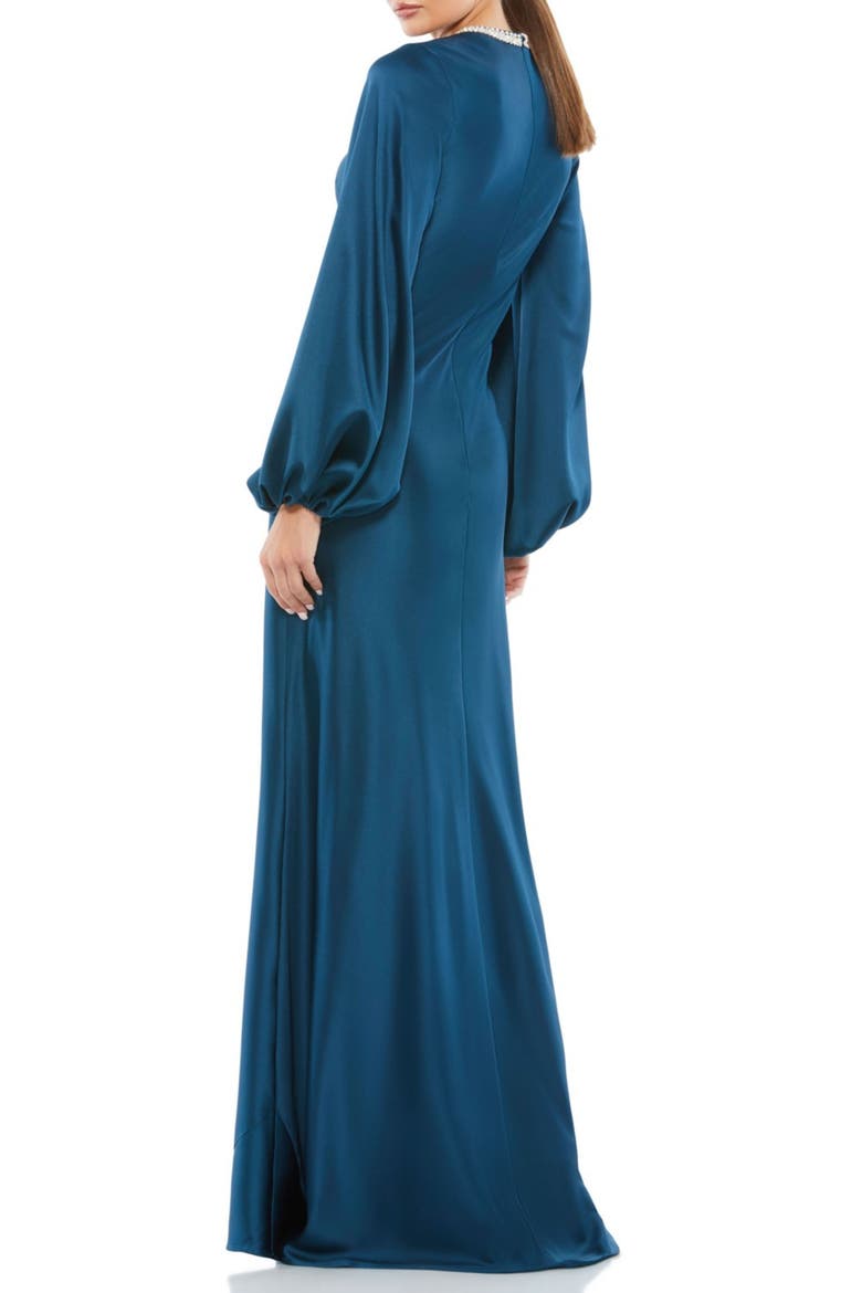 Petite Beaded High Neck Bishop Sleeve Satin Gown, Alternate, color, Sapphire