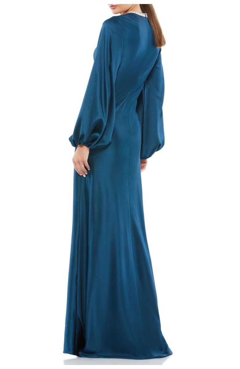 Mac Duggal Petite Beaded High Neck Bishop Sleeve Satin Gown, Alternate, color, Sapphire