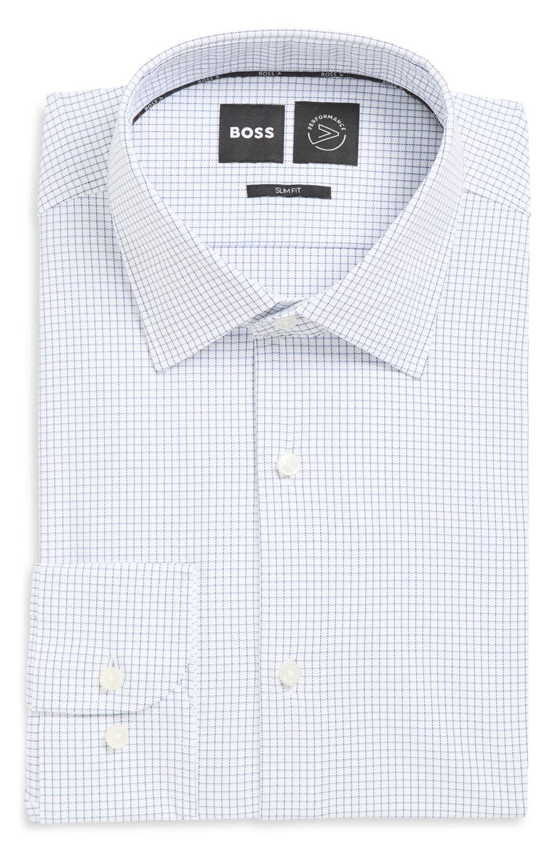 BOSS Hank Slim Fit Microcheck Stretch Dress Shirt, Main, color, Dark Blue