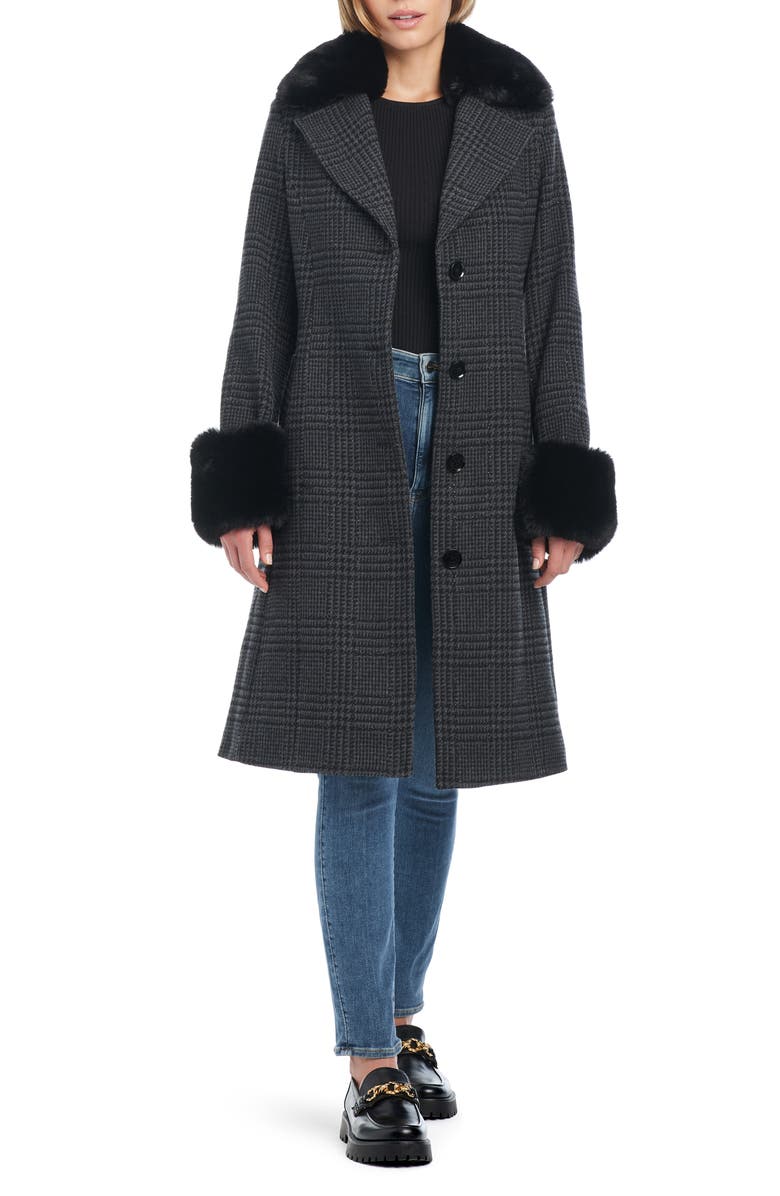 Kate Spade New York walker belted coat with removable faux fur collar and cuffs, Alternate, color, Sparkle Houndstooth