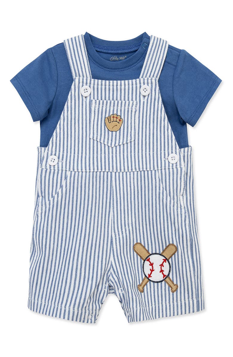 Little Me Baseball T-Shirt & Shortalls Set, Alternate, color, Blue Stripe