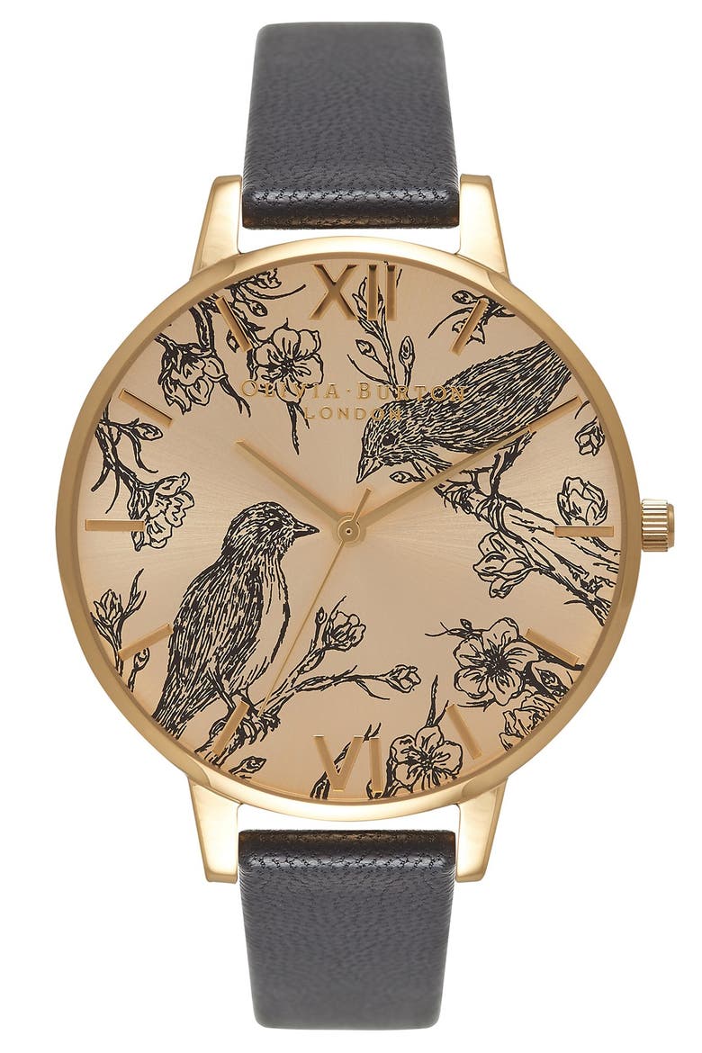 'Animal Motif' Leather Strap Watch, 38mm, Main, color, BLACK/ GOLD