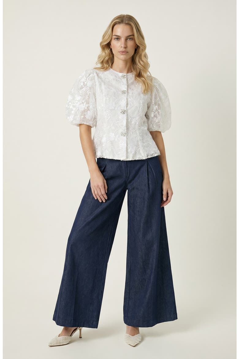 Floral Lace Puff Sleeve Top, Alternate, color, White