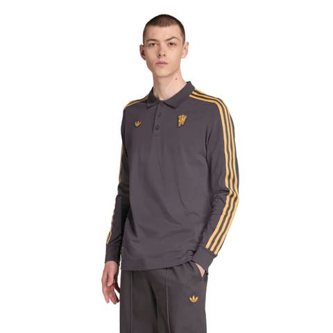 Men's adidas  Gray Manchester United Terrace Icons Long Sleeve Polo