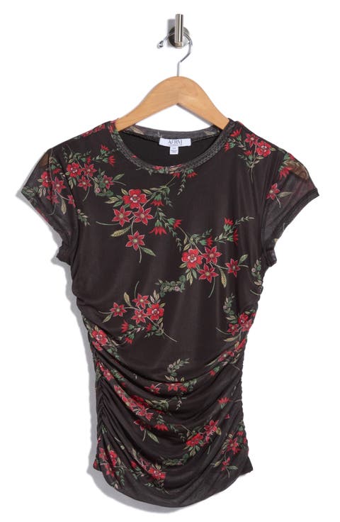 Lacey Cap Sleeve Ruched Mesh Top