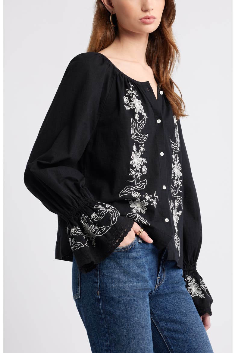 Embroidered Front Button Top, Alternate, color, BLACK-IVORY EMBROIDERED FLORAL
