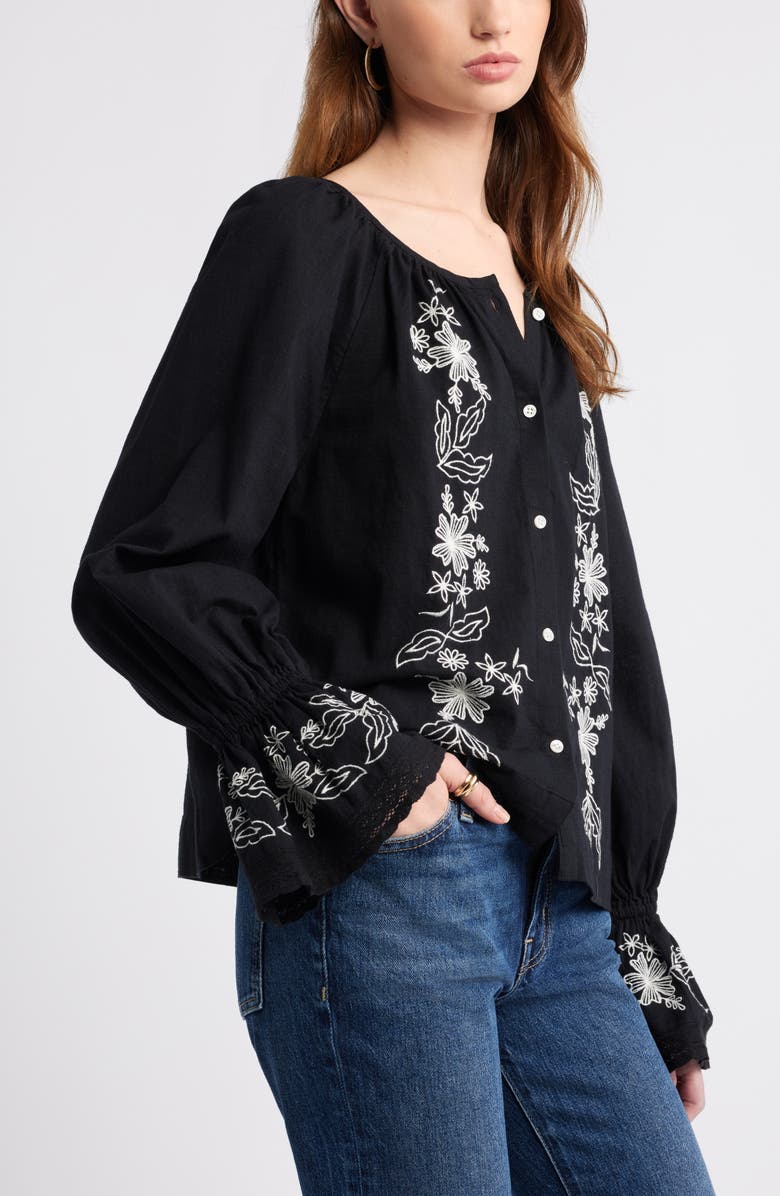 Treasure & Bond Embroidered Front Button Top, Alternate, color, Black-Ivory Embroidered Floral
