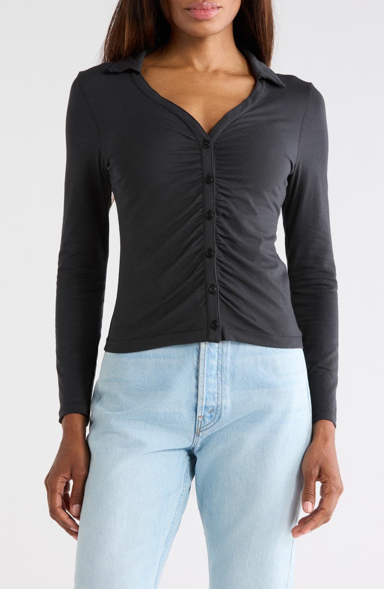 rag & bone Lucy Ruched Polo Button-Up Shirt, Main, color, Black