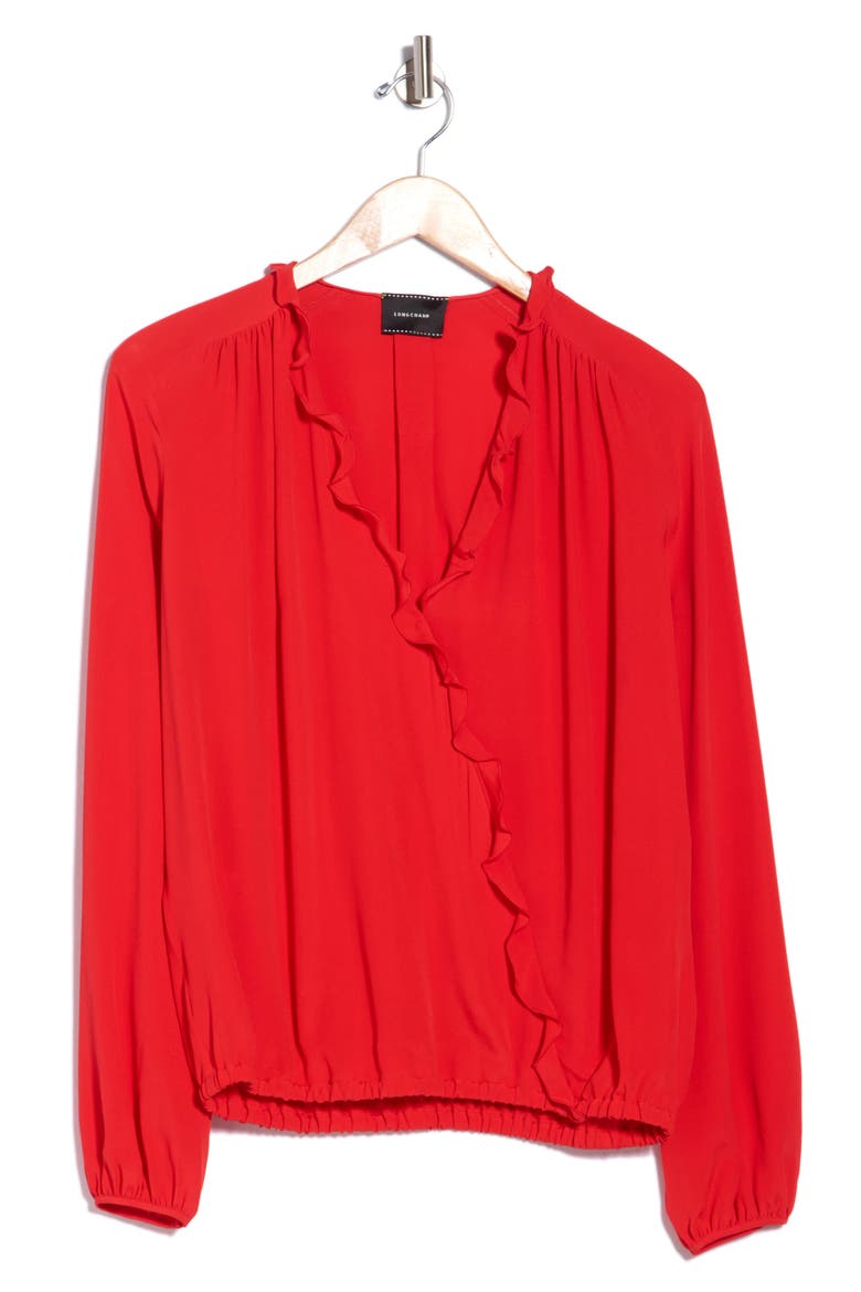 Ruffle V-Neck Silk Top, Alternate, color, RED