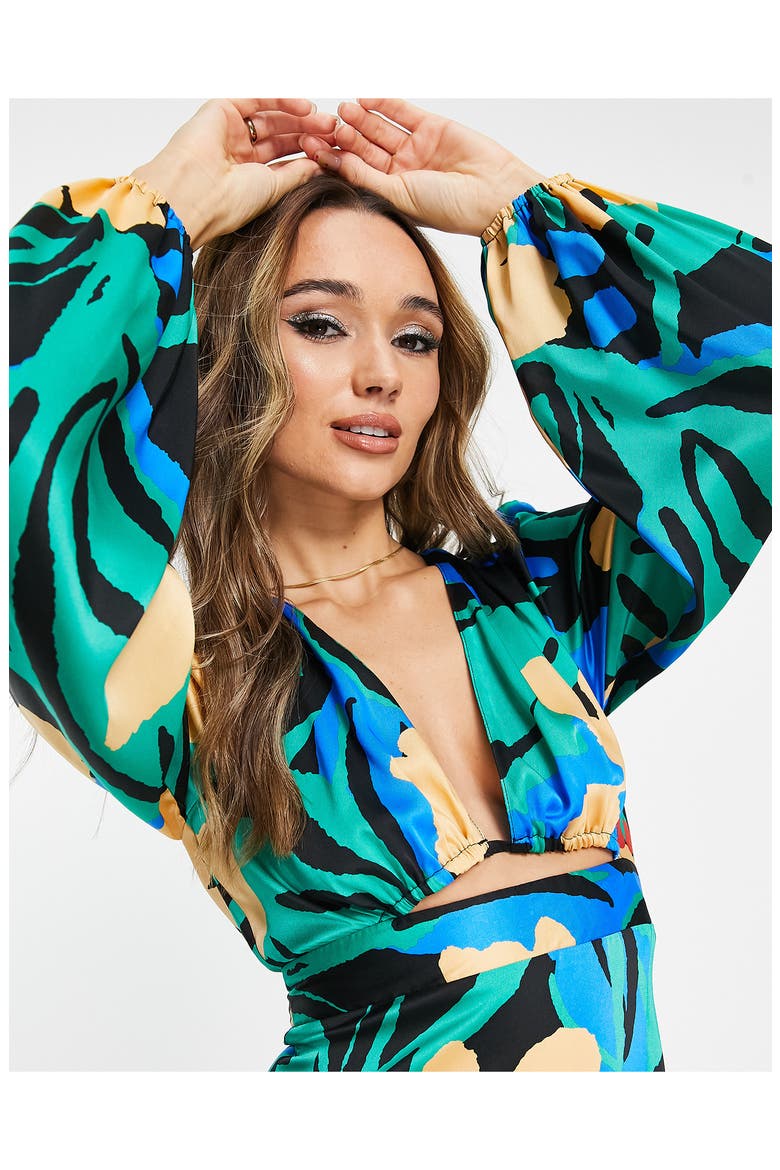 Floral Cutout Long Sleeve Satin Midi Dress, Alternate, color, BLUE