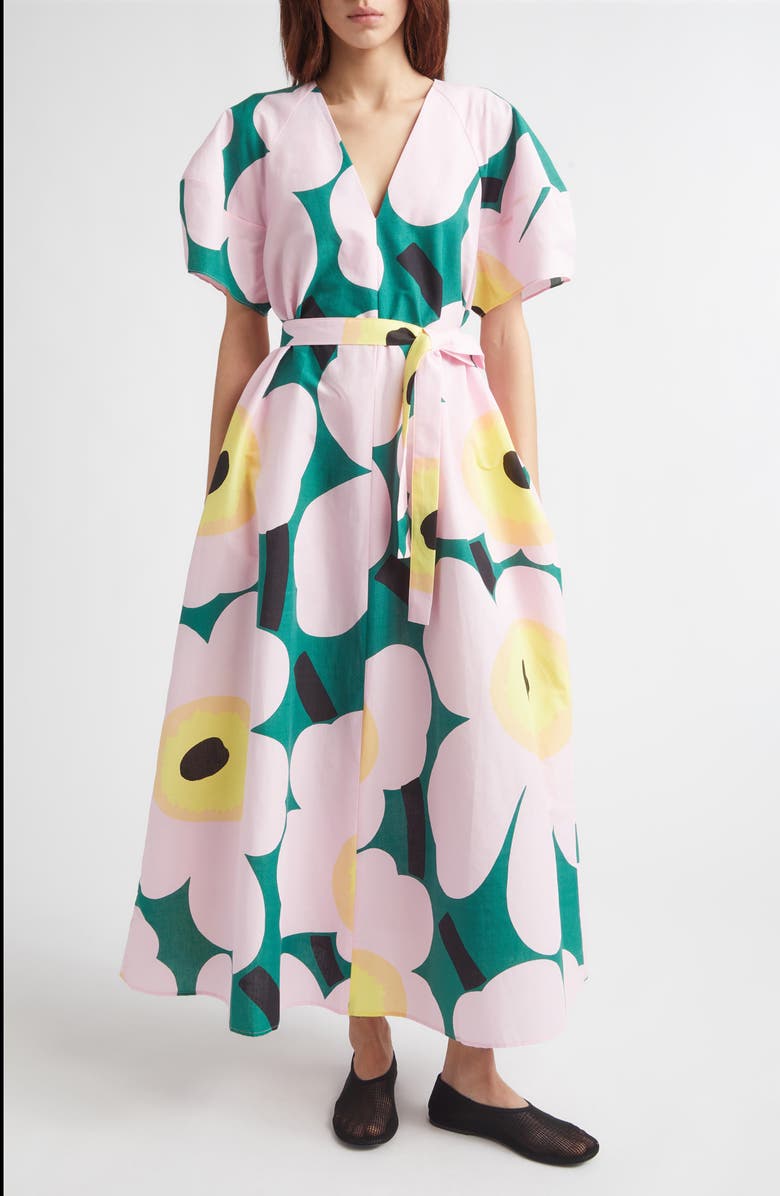 Marimekko Kaffet Unikko Floral Cotton & Linen Maxi Dress, Main, color, Green Light Pink Yellow