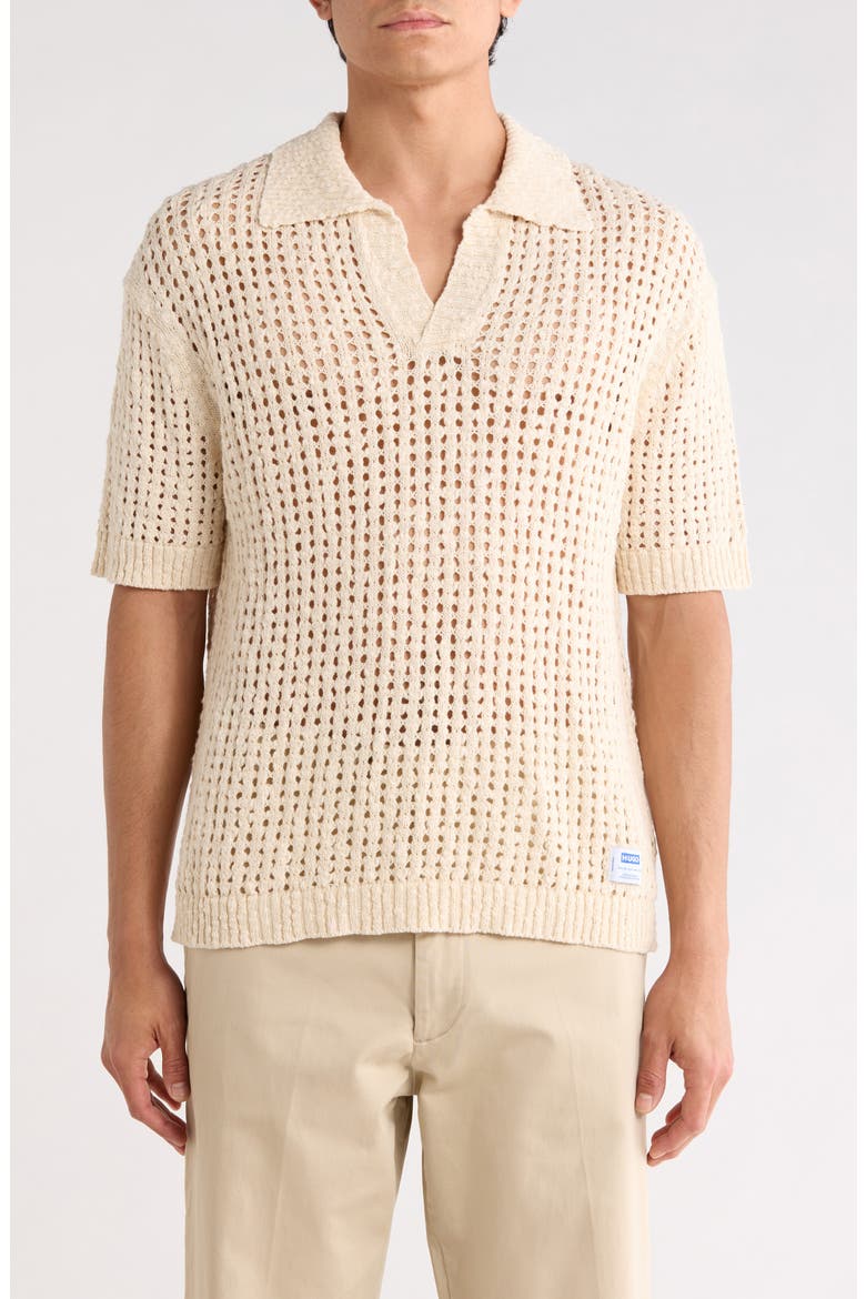 Strallo Johnny Collar Open Knit Sweater Polo, Main, color, OPEN WHITE