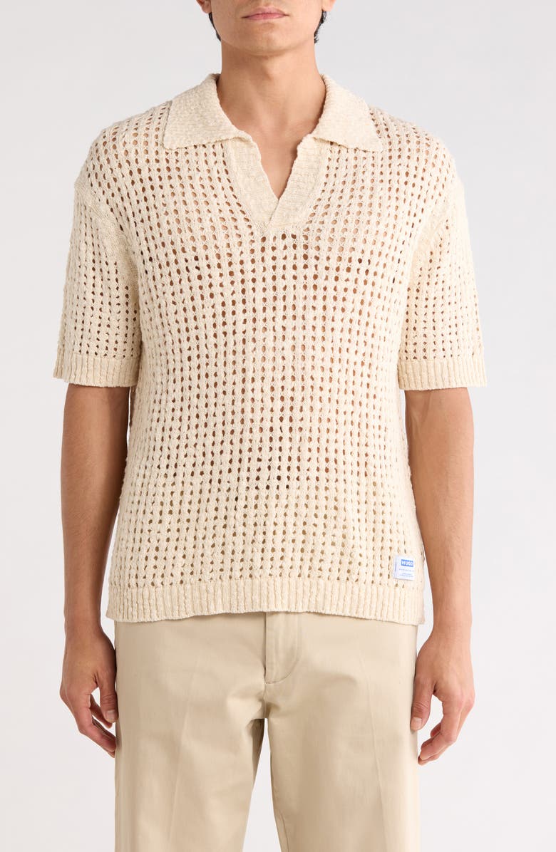 HUGO Strallo Johnny Collar Open Knit Sweater Polo, Main, color, Open White