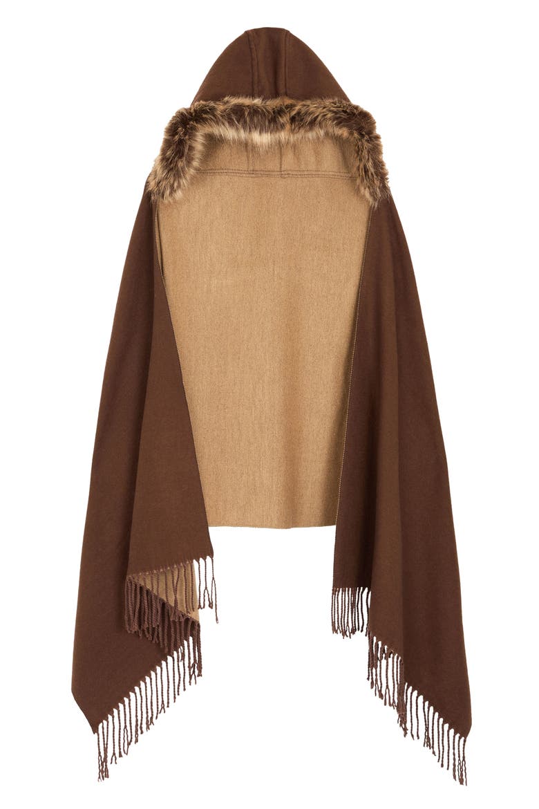 Faux Fur Trim Hooded Scarf, Alternate, color, BROWN