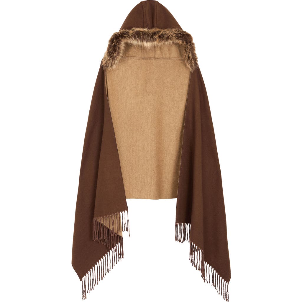 Saachi Faux Fur Trim Hooded Scarf In Brown