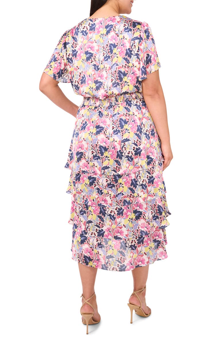 Vince Camuto Floral Flutter Sleeve Tiered Satin Midi Dress, Alternate, color, Violet Blush
