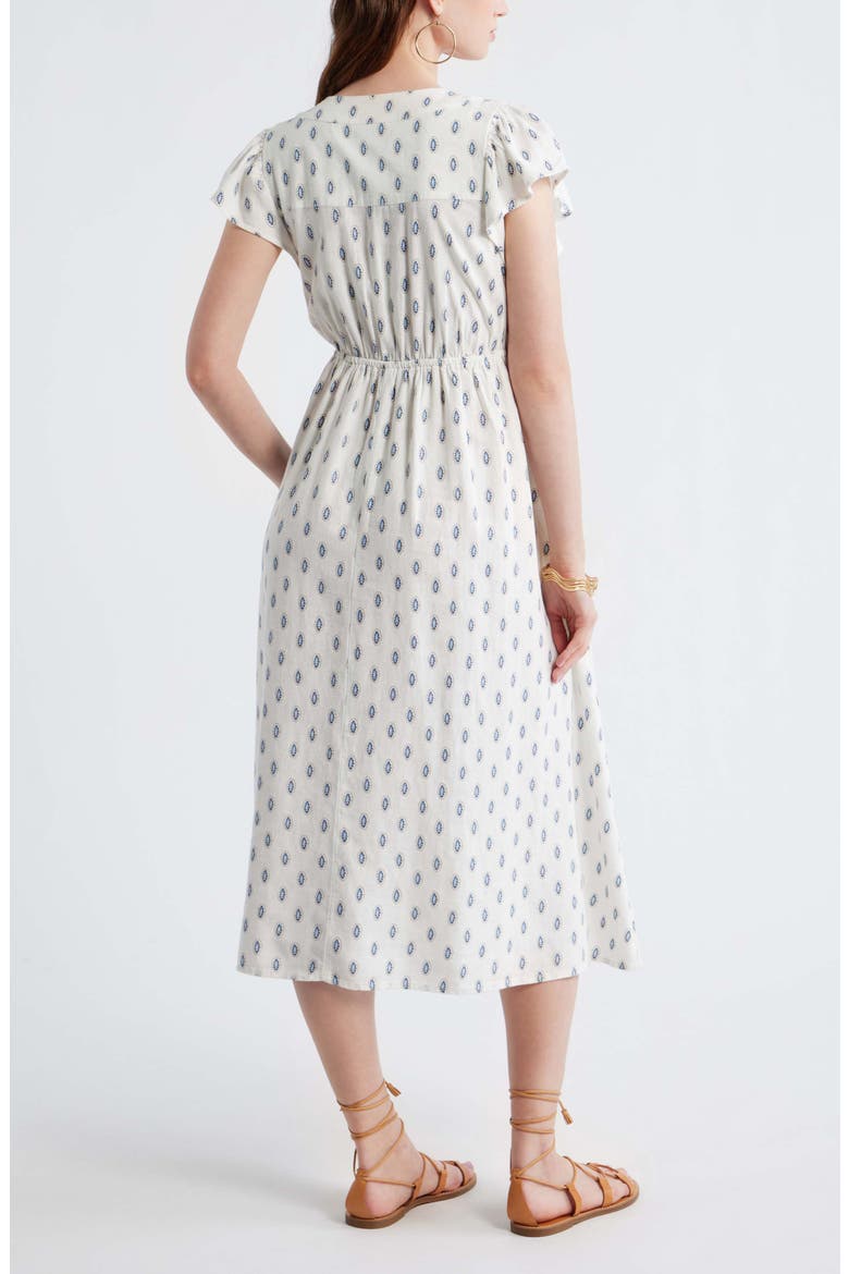 Short Sleeve Button Down Linen Blend Midi Dress, Alternate, color, IVORY- BLUE I FOULARD FLOAT