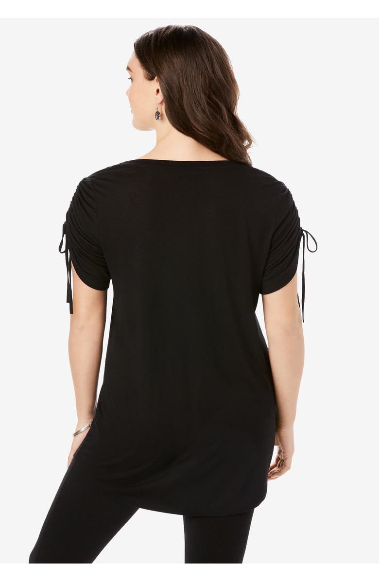 Roaman's Plus Size Ruched Sleeve Ultra Drape Tunic, Alternate, color, Black