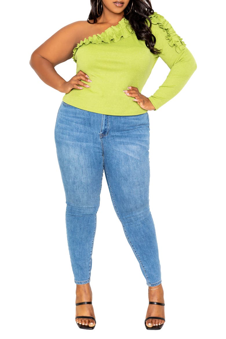Cascade Ruffle One-Shoulder Rib Top, Alternate, color, PISTACHIO