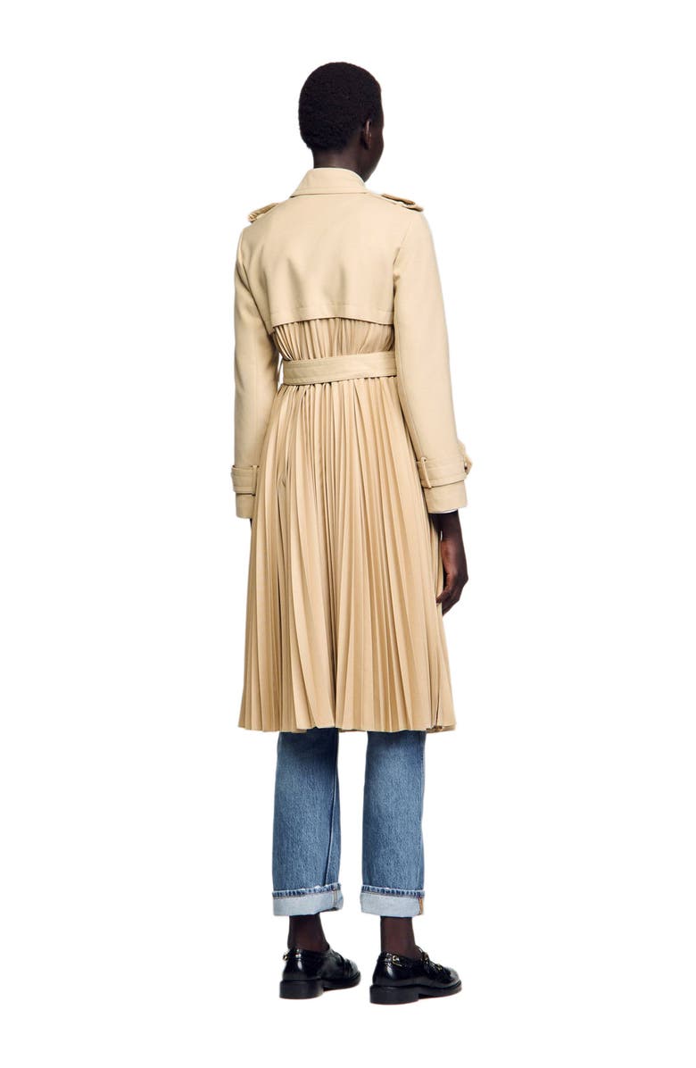 SANDRO Pleated trench coat with belt, Alternate, color, Beige