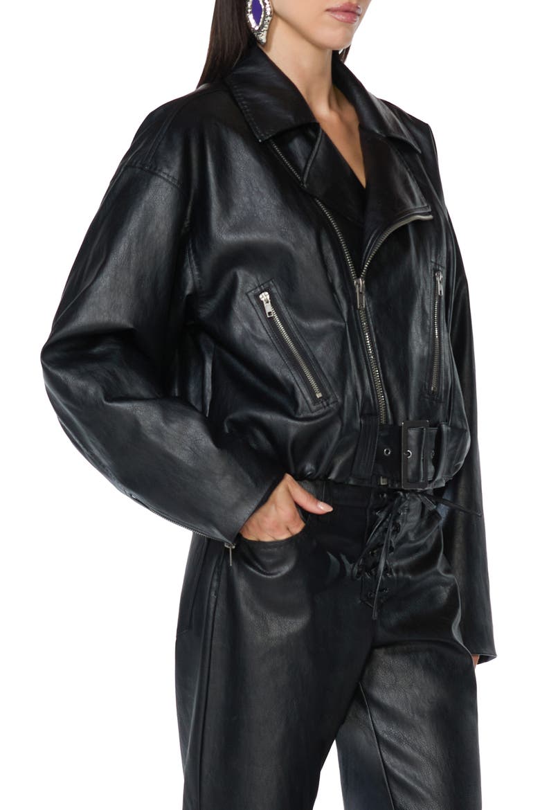 Belted Faux Leather Bubble Jacket, Alternate, color, NOIR