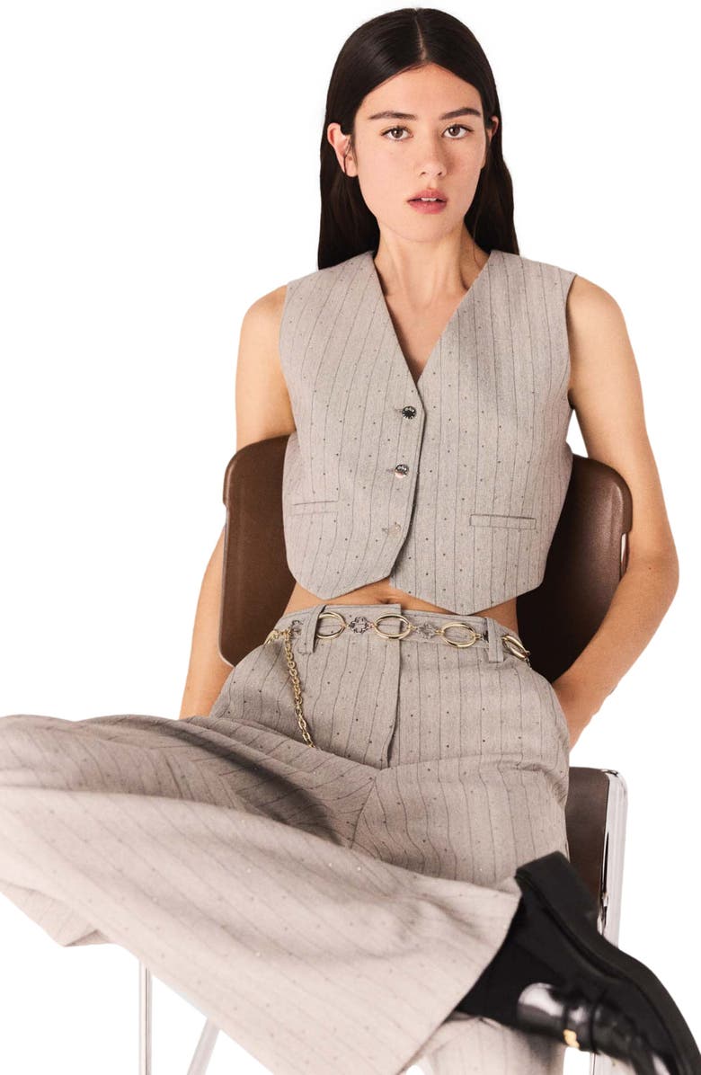 maje Striped rhinestone suit trousers, Alternate, color, Light Grey