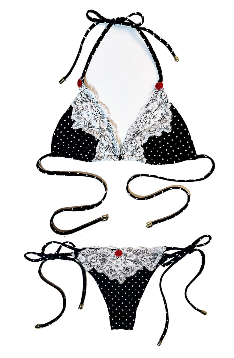 Beach Bunny Swimwear Gigi Tie Side Thong Bikini Bottom, Alternate, color, Black White Dot