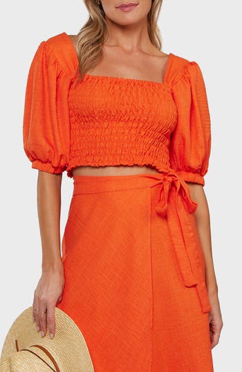Matty M Puff Sleeve Crop Top In Tangerine In Orange