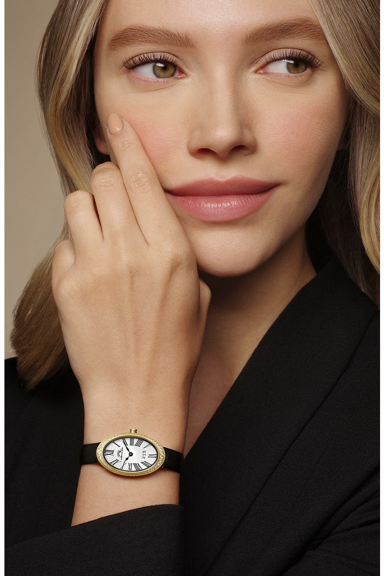Women's Eloise Oval Guilloche Dial Topaz Leather Watch, Alternate, color, BLACK/ WHITE