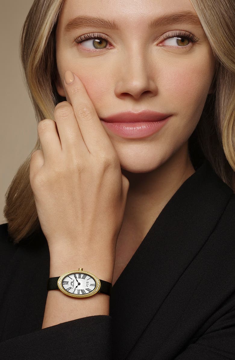 PORSAMO BLEU Women's Eloise Oval Guilloche Dial Topaz Leather Watch, Alternate, color, Black/ White