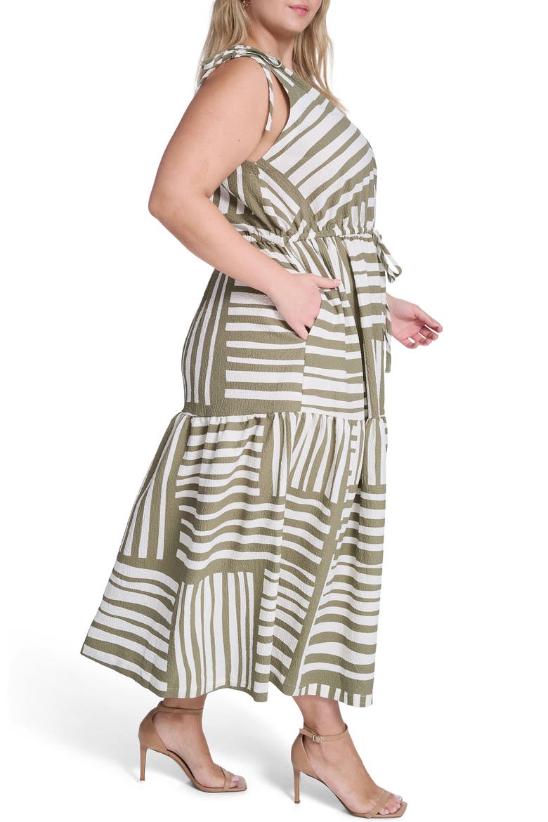 Geometric Tie Waist Midi Dress, Alternate, color, LIGHT OLIVE/ CREAM