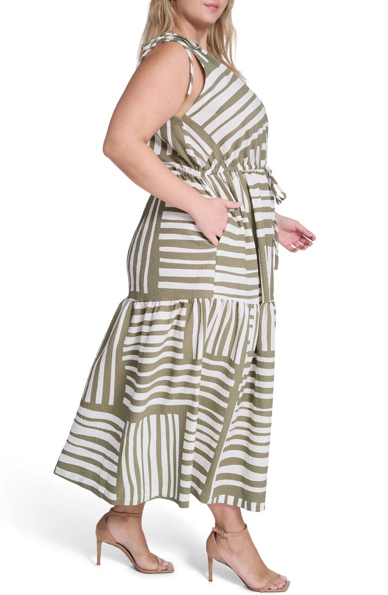 Calvin Klein Geometric Tie Waist Midi Dress, Alternate, color, Light Olive/ Cream