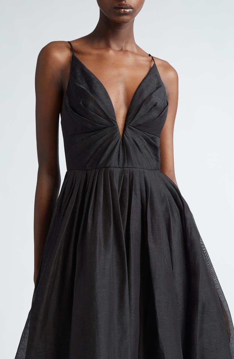 Zimmermann Illustration Plunge Neck Linen & Silk Organza Midi Dress, Alternate, color,