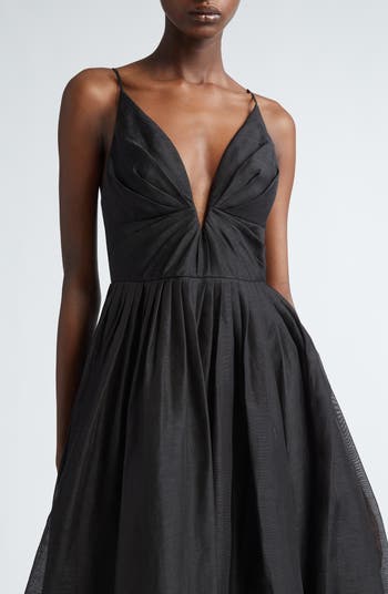 Illustration Plunge Neck Linen & Silk Organza Midi Dress
