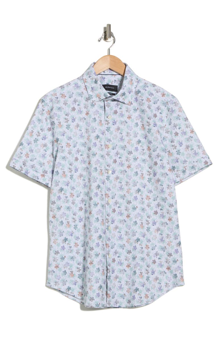Bugatchi Miles OoohCotton<sup>®</sup> Abstract Print Short Sleeve Button-Up Shirt, Alternate, color, White/ Jade