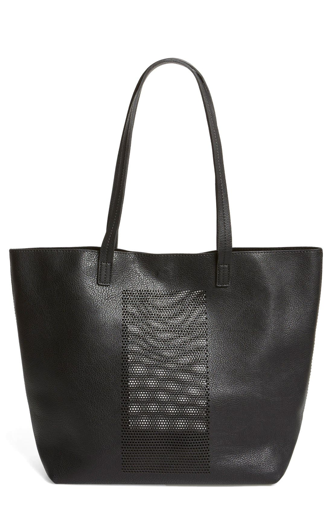 Laser Cut Panel Faux Leather Tote, Main, color, BLACK