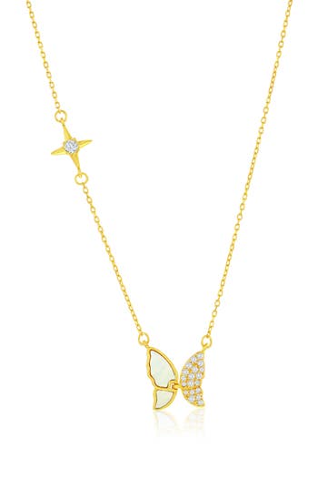 Simona Mother-of-pearl & Cubic Zirconia Butterfly Pendant Necklace In Gold