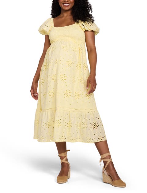 Smocked Bodice with Puff Sleeves Midi Dress