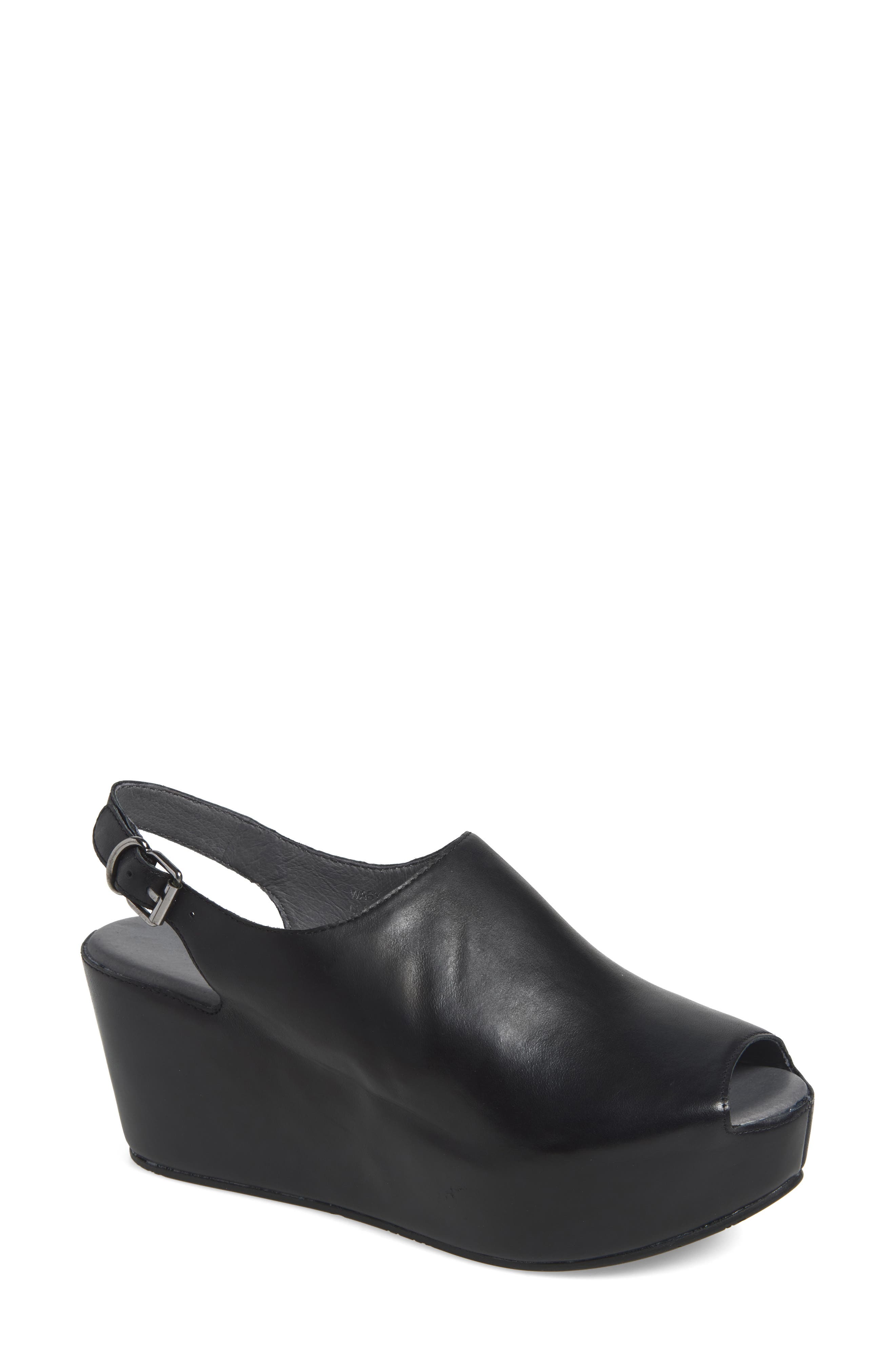 Waby Slingback Peep Toe Platform Wedge Mule, Main, color, BLACK LEATHER