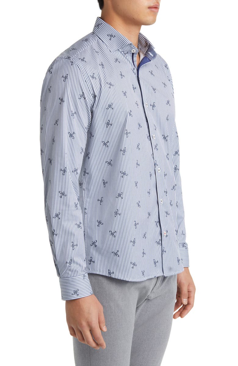 Stone Rose DRY TOUCH<sup>®</sup> Stripe Plane Print Performance Sateen Button-Up Shirt, Alternate, color, Navy