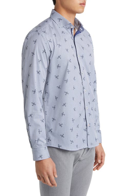 Stone Rose Dry Touch® Stripe Plane Print Performance Sateen Button-up Shirt In Navy