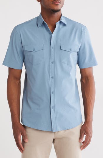 Shop Vintage 1946 Hybrid Seersucker Short Sleeve Button-down Shirt In Denim