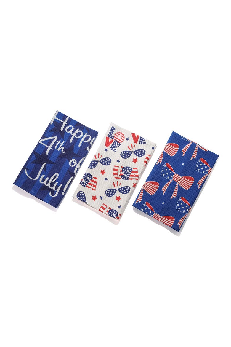 All-American Style Set of 3 Cotton Waffle Kitchen Towels, Main, color, RED/ BLUE